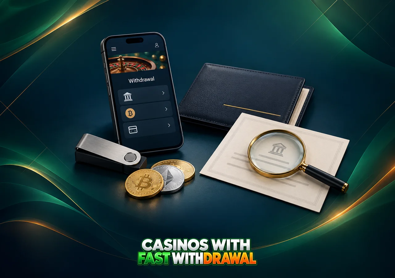 A crypto wallet, digital coins and phone app gather under a magnifying glass
